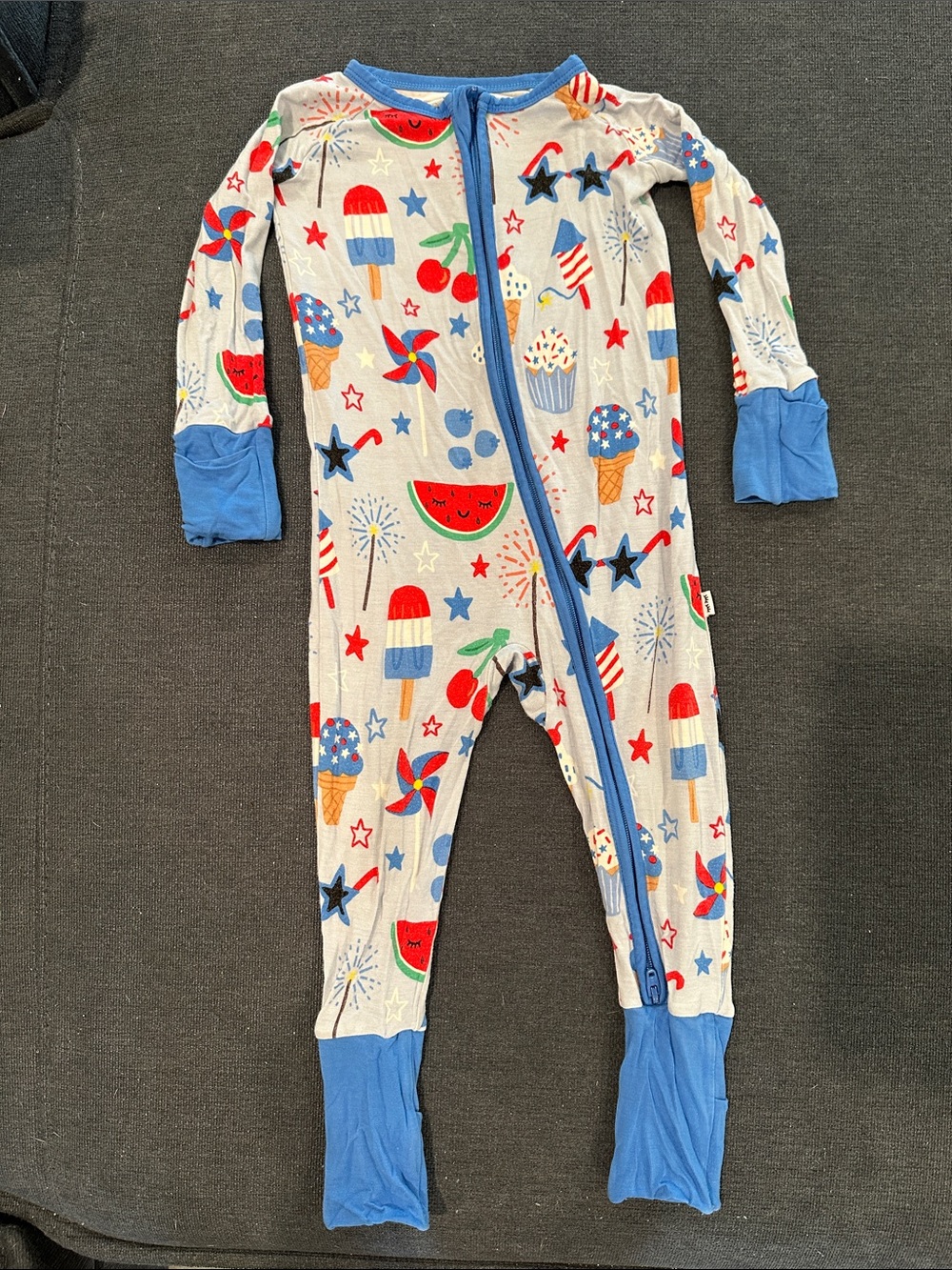 Little Sleepies Red, Blue & White Patriotic Print Footie. Size 6-12 months